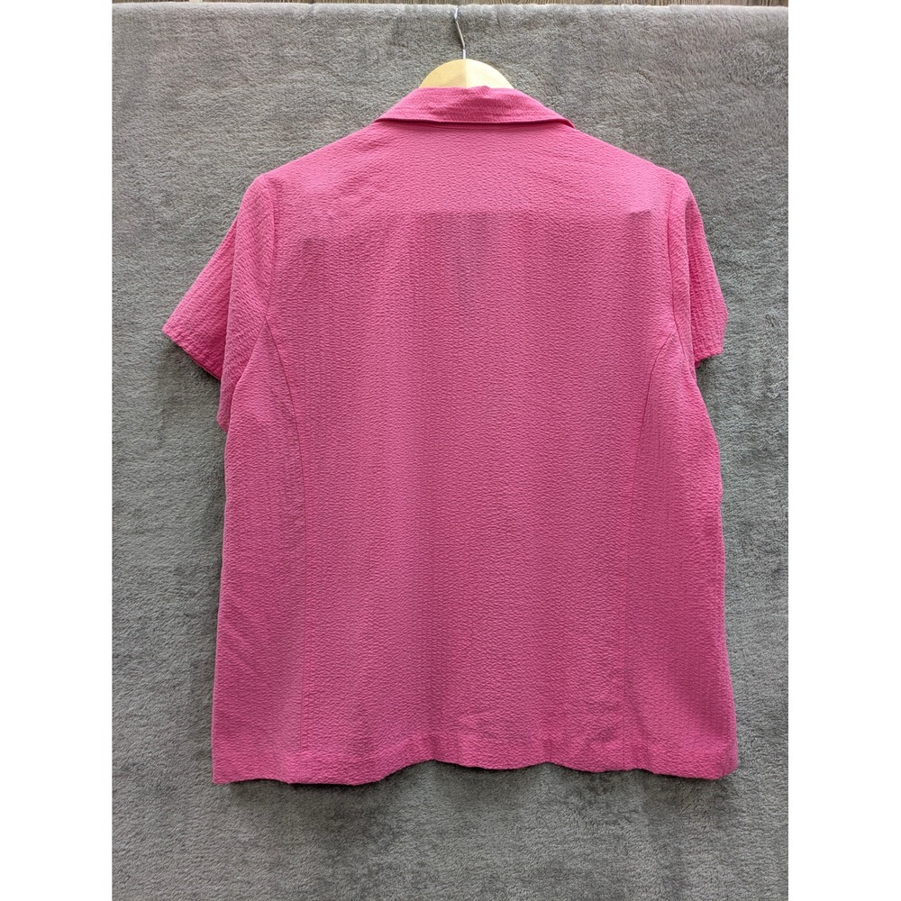 Barbiecore Button Up Blouse Womens L Pink Short Sleeve Textured Stretch Top - Picture 6 of 7